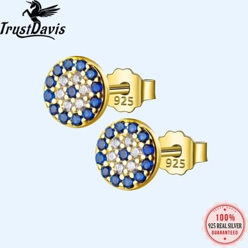 Trustdavis Genuine 925 Sterling Silver Lovely Blue Eyes Clear Cubic Zircon Crystal Stud Earring For Women Silver Jewelry DS969