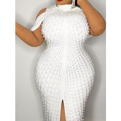 Plus Size White Beading Party Dress Bodycon Sexy Stand Collar Off Shoulder Knee Length Spring Summer Birthday Dresses for Women