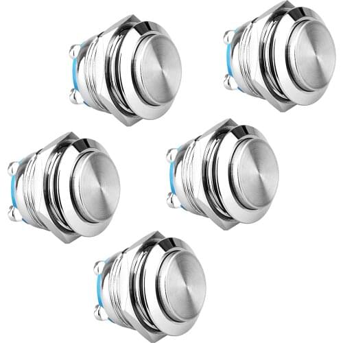 19mm Momentary Push Button Switch High Round Cap Waterproof Stainless Steel Metal Switch Flush Screw Terminals 250V 5A 1NO SPST
