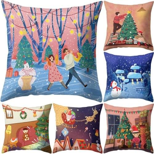 45x45 cm Christmas Pillow Case Cartoon Figures Santa Snowman Tree House Gift Cushion Cover Xmas Decor Decorative Pillowcases
