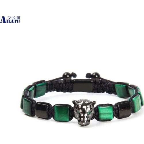 Ailatu New Cz Panther Leopard Braiding Bracelet with 8x8 Natural Green Tiger Eye Square Stone Jewelry Mens Party Gift