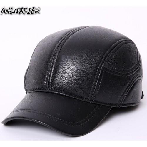B-7259 Genuine Leather Baseball Cap Cowhide Leather Hat Mens Fashion Outdoor Baseball Cap Ear Protection Winter Earmuffs Hat