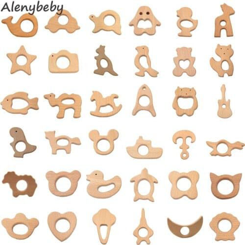 Wooden Teether Natural Wood Baby Teething Toys , Wooden Teether Animals Shape Soothing Pain Relief Toys Baby shower gift