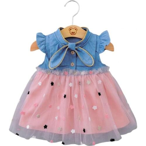 Baby Dress Patchwork Tulle Design Cotton Skin-friendly Cowboy Princess Dress for Travel Kid Girl Casual Dresses for Gifts