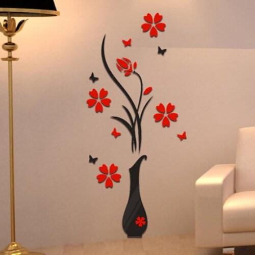 Home Decoration DIY Vase Flower Wall Stickers Living Room Tree Crystal Arcylic 3D Vase Flower Wall Stickers Decal Home Decor