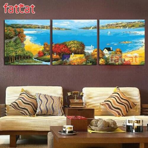 FATCAT 5d diy diamond painting abstract seaside village full square round drill diamond embroidery kit triptych decor AE2611