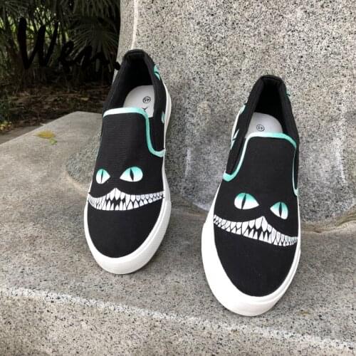 Wen Hand Painted Slip On Shoes Design Custom Cheshire Cat Men Black Low Top Platform Flat Plimsolls Womens Canvas Sneakers