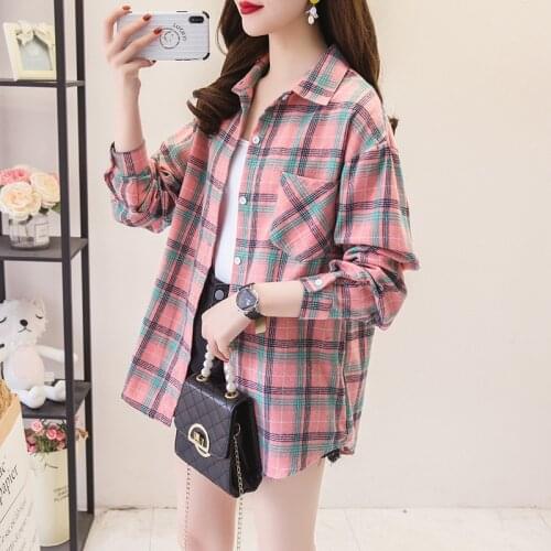 Plaid Shirt Long Sleeve Shirt Women Turn Down Collar Basic Casual Teen Gril Oversize Loose Shirts Button Up Shirt Womens Tops