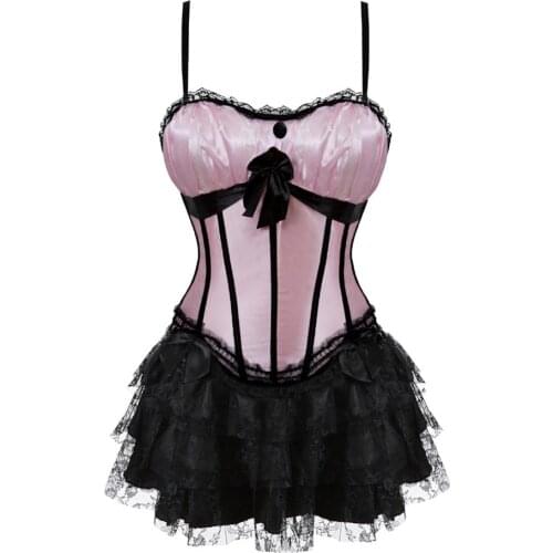 Corsets Bustier with Mini Lace Skirt Steampunk Padded Cup Straps Tank Corsetto Dress Carnival Costumes Women Party Club Night