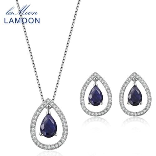 LAMOON X5mm Teardrop 100% Real Blue Sapphire 925 sterling-silver-jewelry Crown Jewelry Set S925 For Women V040-5