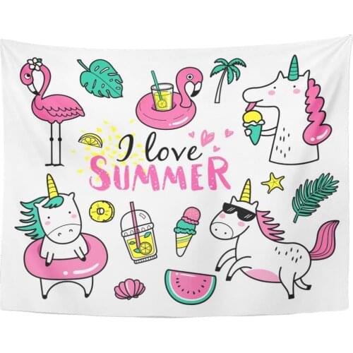 Unicorn of Cute and Fun Summer Stickers Badges Patches Design Flamingo Lemon Tapestry Home Decor Wall Hanging for Living Room