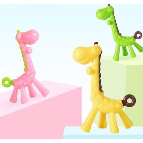 Cute Giraffe Baby Teether Toys Elastic Food Grade Silicone Hand Grasp Toys Newborn Teething Rod Soft Infant Bite Chew Train Toys