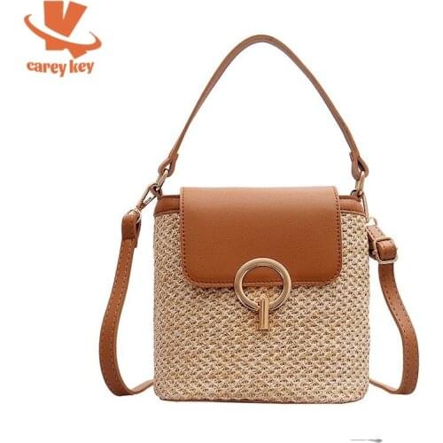 CAREY KEY Fashion Straw Shoulder Messenger Bags Women Designer Luxury Woven Bucket Bag Summer Beach Straw Bag Female Handbag