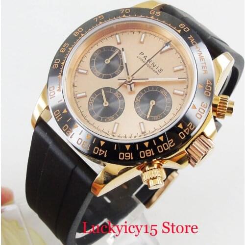 PARNIS TOP Brand Quartz Watch Men Wristwatch 39mm Gold Case Chronograph Function Rubber Strap