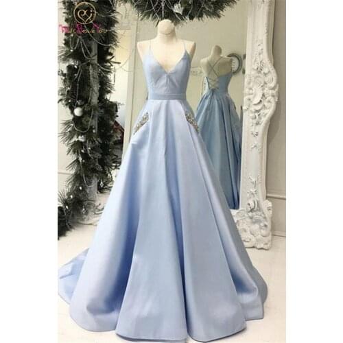 Sky Blue Long Prom Dresses 2021 Satin A Line V Neck Spaghetti Strap with Pockets with Beads Rhinestone Evening Formal Party Gown
