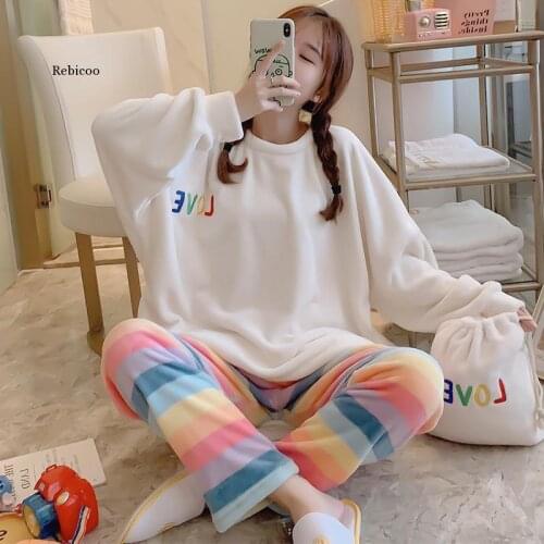 Autumn Winter Womens Cute Rainbow Flannel Pajama Sets.candy Colors Warm Thicken Sun Flower Pyjamas Set.sleepwear Loungewear