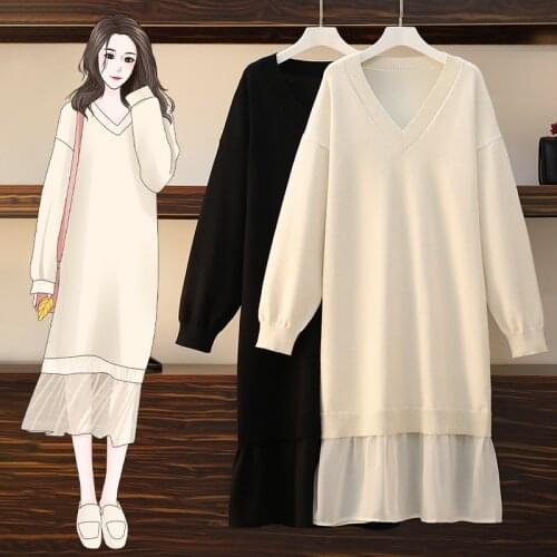 EHQAXIN Autumn Winter Plus Size Womens Knitted Dresses Fashion V-Neck Long-Sleeved Sweater Stitching Long Fairy Dress M-4XL