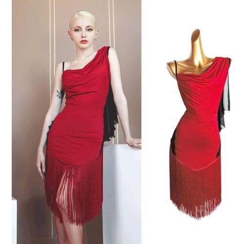 New Style Latin Dance Dress Red Rumba Samba Performance Stage Costume Chiffon Streamer Fringe Salsa Competition Wear VDB3941