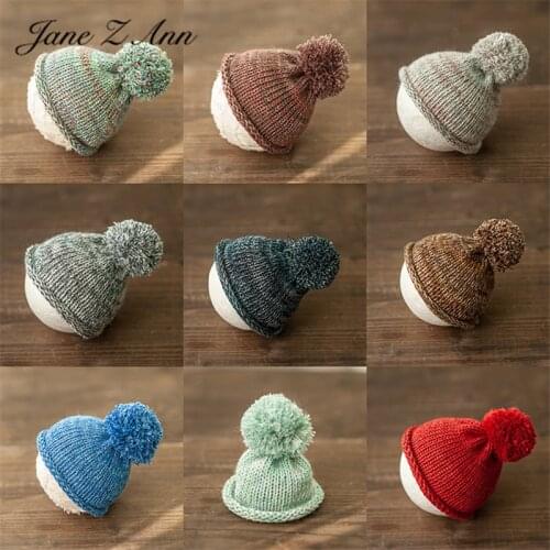 Photography props newborn children Mohair mixed color curling retro thick needle pom pom ball knitted hat