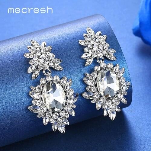 Mecresh Silver Color Big Bridal Wedding Drop Earrings Statement Crystal Rhinestone Flower Dangle Earrings Fashion Jewelry EH1080