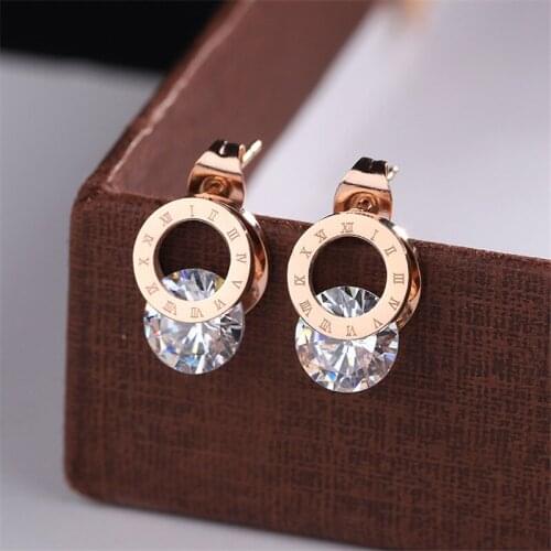 YUN RUO Rose Gold Color Roman Numerals Zircon Stud Earring Titanium Steel Fashion Jewelry Birthday Gift Never Fade Drop Shipping
