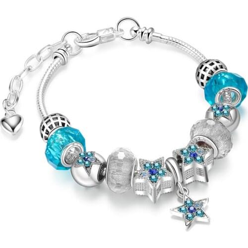 Glass Beads Womens DIY Bracelets Gift Charm Trendy Dropshipping Blue Tone Pulseira Hot Sale Star Shaped Crystal Pendant Hot Sale