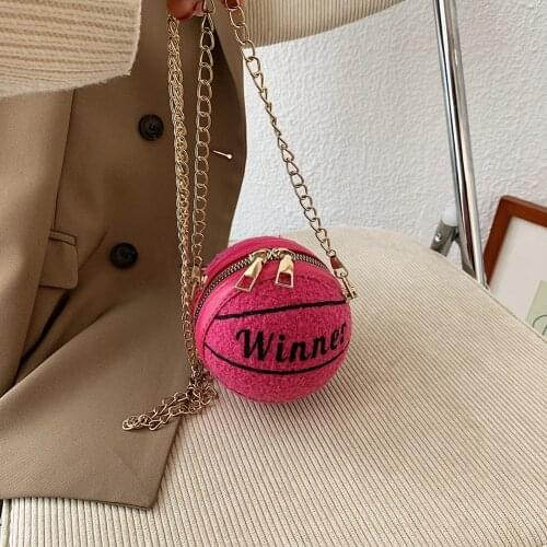 2021Leather&Plush Basketball Shape Crossbody Bags for Women Winter Faux Fur Chain Shoulder Bag Female Luxury Handbags and Purse