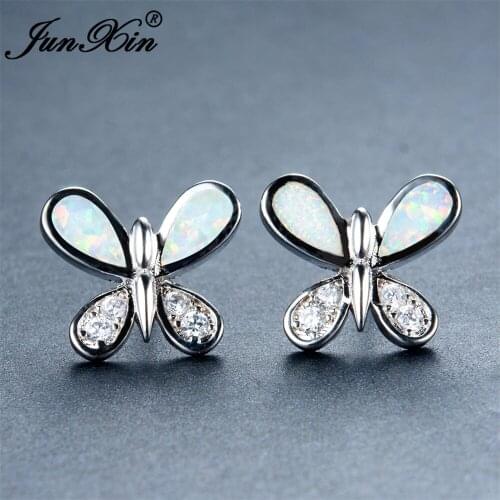 JUNXIN White Fire Opal Earring Female Butterfly Animal Stud Earrings Silver Color Double Sided Earrings For Women