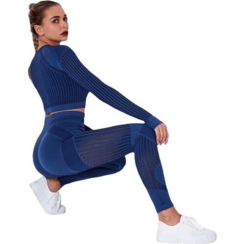 Womens Seamless Yoga Set Gym Fitness Leggings Hollow Cut Shirt Tracksuit Womens Long Sleeve Tracksuit Tracksuit