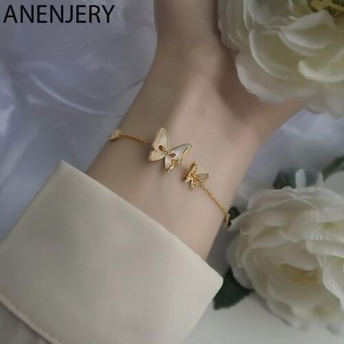 ANENJERY 925 Sterling Silver Shell Butterfly Bracelet For Women Zircon Golden Simple Bracelet Student Light luxury Accessories