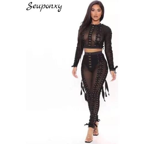 High Quality 2021 Summer WomenS Bodycon Ribbon 2 Two-Piece Set Sexy Long-Sleeved Short Top + High-Waist Pencil Pants Party Set