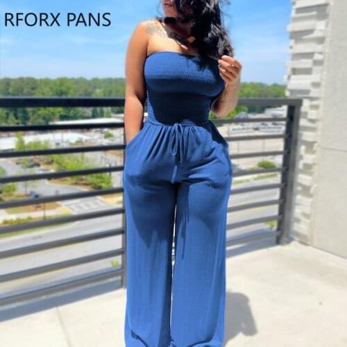 Women Solid Casual Lace up Ruched Tube Sexy Tuck in Jumpsuit