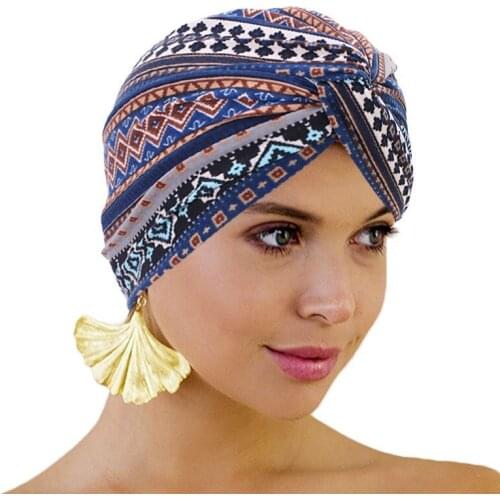 Boho Style Printed Turban Cap For Women Cross Twist Muslim Cotton Hijab Bonnet Ladies Hair Accessoires Cancer Chemo Beanie Cap