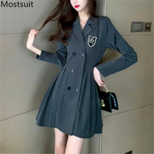 Vintage Notched Collar Suit Dress Women Full Sleeve Double-breasted A-line Mini Dresses Fashion Office Ladies Vestidos 2021
