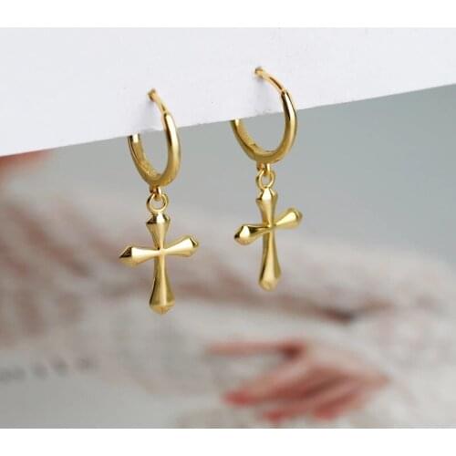 925 Sterling Silver Gold Color Piercing Cross Charm Hoop Earring For Women Girls Party Wedding Jewelry eh758