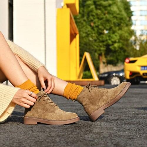 Ankle boots women fashion style leather pigskin suede handmade lace ladies fashion shoes