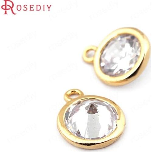 F395)6 pieces 9*7.5mm 24K Gold Color Brass with Zircon Round Charms Pendants High Quality Diy Jewelry Findings Accessories
