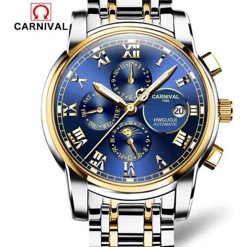 CARNIVAL Luxury Watch Men Waterproof Automatic Mechanical Watch Business Full Steel Bracelet Wristwatch Moon Phase Luminous 2017