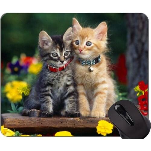 Mouse Pad with Stitched Edge,Kitten animal cute grey cat flower Non-Slip Rubber Base Mousepad