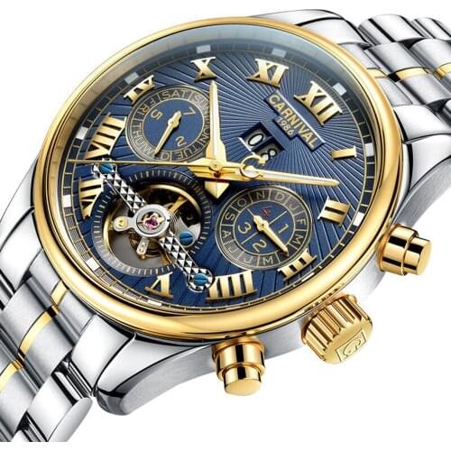 Carnival Mens Multifunction Holllow-out Dial Steel Watchband Automatic Self-Wind Mechanical Watch - gold bezel blue dial