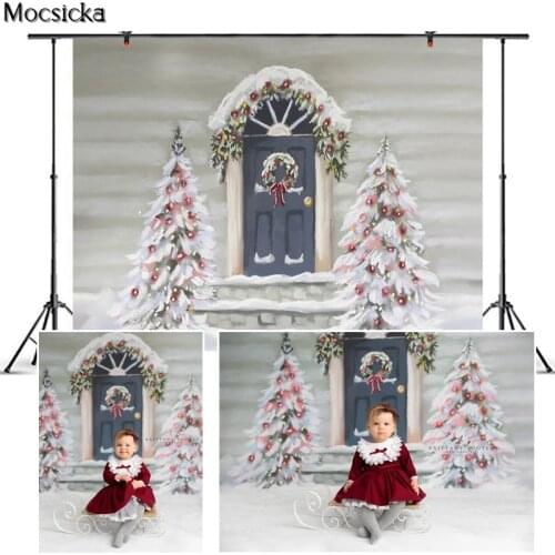 Mocsicka Christmas Photography Background Christmas Tree Door Snowfield Backdrop Children Portrait Decoration Props Photo Studio