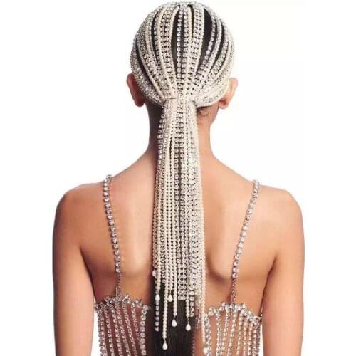 Trendy Rhinestone Hair Accessories Chain for Women Jewelry Elegant Full Crystal Handmade Tassel Hairbands Long Chain Headwear