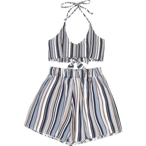 Fashion suit female 2019 summer new slim sling jacket pink shorts striped wide leg pants temperament wild womens two-piece