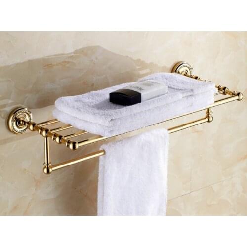 Wall Mounted Polished Gold Color Brass Bathroom Large Towel Rail Towel Bar Holder Shelf Bathroom Accessory mba601