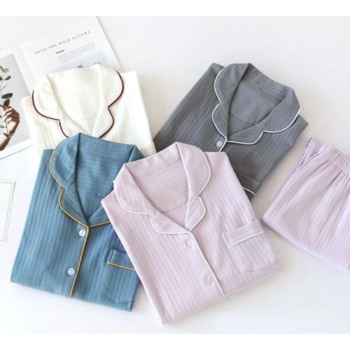 New Spring and Autumn Ladies Pajamas, Long-sleeved Trousers, Two-piece 100% Cotton Knitted Striped Home Service Suit for Women