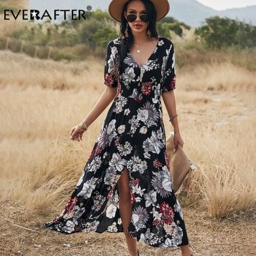 EVERAFTER Elegant Short Sleeve V-neck Floral Print Dress Summer Women Beach Sundress 2021 High Waist Lace-up Split Ladies Dress