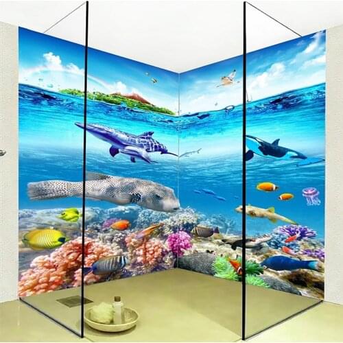 PVC Self-Adhesive Waterproof Bathroom Mural Wallpaper 3D Underwater World Marine Life Frescoes Papel De Parede 3D Wall Stickers