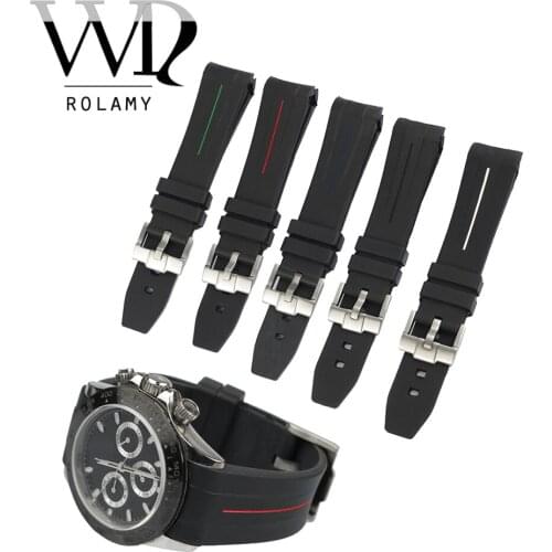 Rolamy 20mm High Quality Rubber Watch Band Strap With Silver Steel 18mm Buckle For Rolex Daytona GMT Vintage Submariner