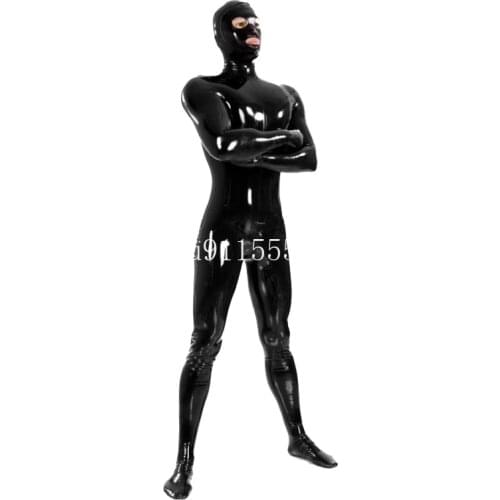 Sexy Full Cover Handmade Unisex Latex Catsuit with Hood&Gloves Socks Tight Transvestite Bodysuit for Men