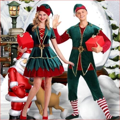 Sexy Adult Russia Christmas Green Elf Costume New Year Party Couple Velvet Santa Claus Cosplay Dress